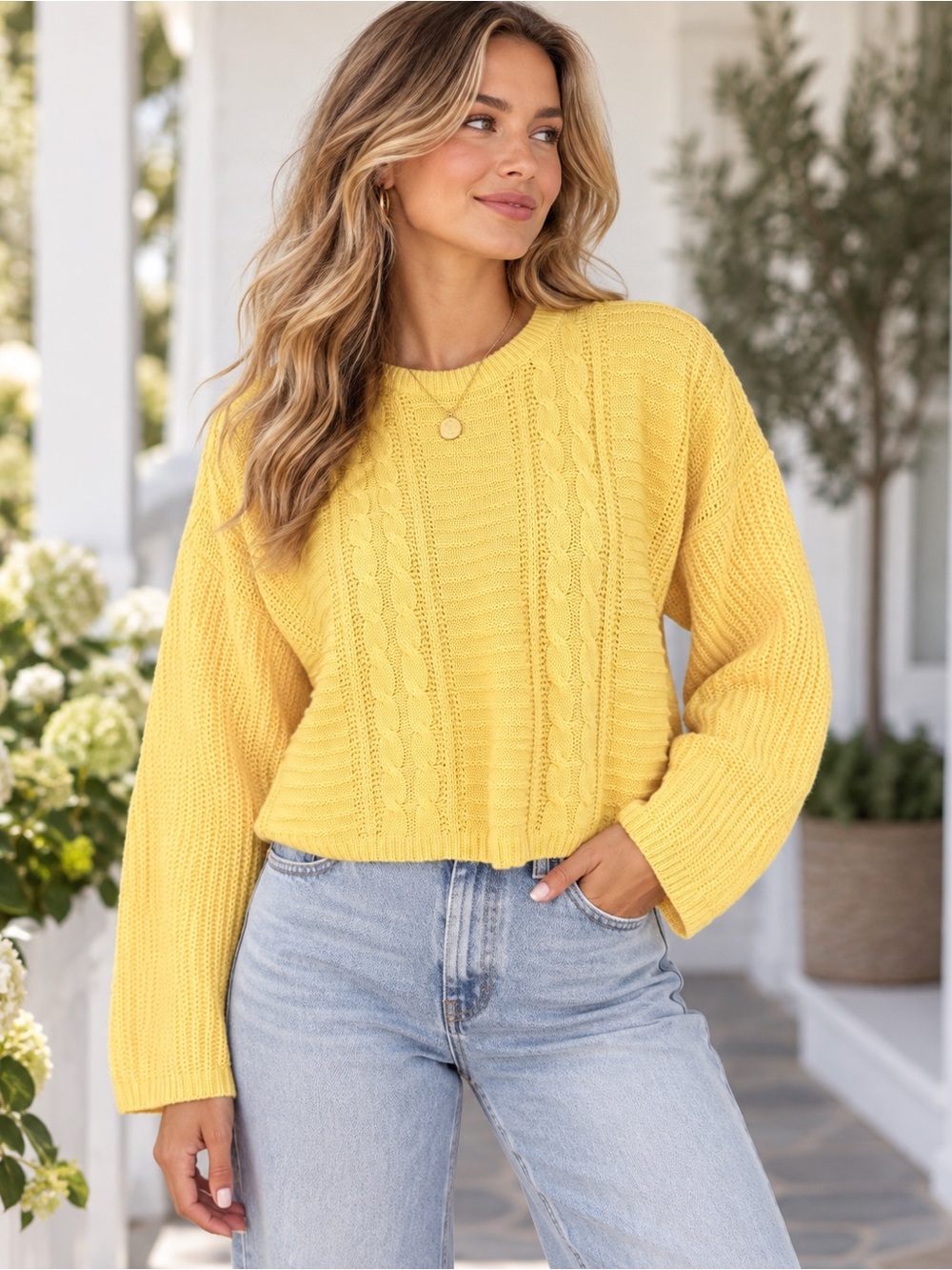 Vintage Jonathan Martin Butter Yellow Cable Knit Ramie Cotton Sweater